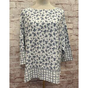 Simply Styled by Sears Womens L Blouse White Blue Floral Popover Boxy Casual NEW